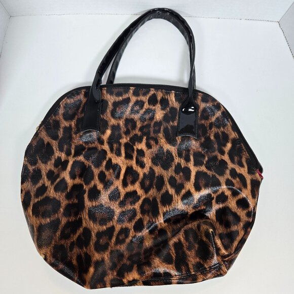 Leopard Hot Pink Interior Zipper Tote Bag Purse Black Handles Elizabeth Arden - Picture 1 of 5